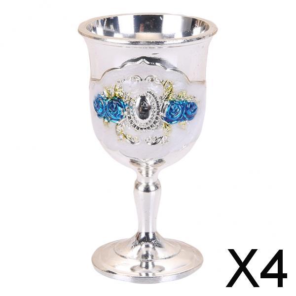 4xMetal Wine Goblet, Carving Pattern Handmade Cup Bar Dinners Parties Decor Blue flower Silver white 