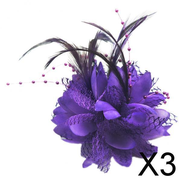 3xPearl Silk Feather Flower For Corsage ,Brooch ,Wrist ,Fascinator DIY purple