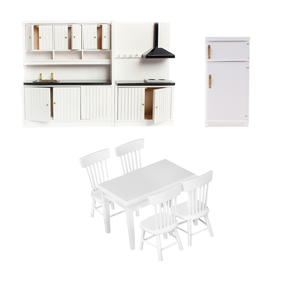 1/12 Dollhouse Miniature Wood Kitchen Furniture Set Fridge Table Chair