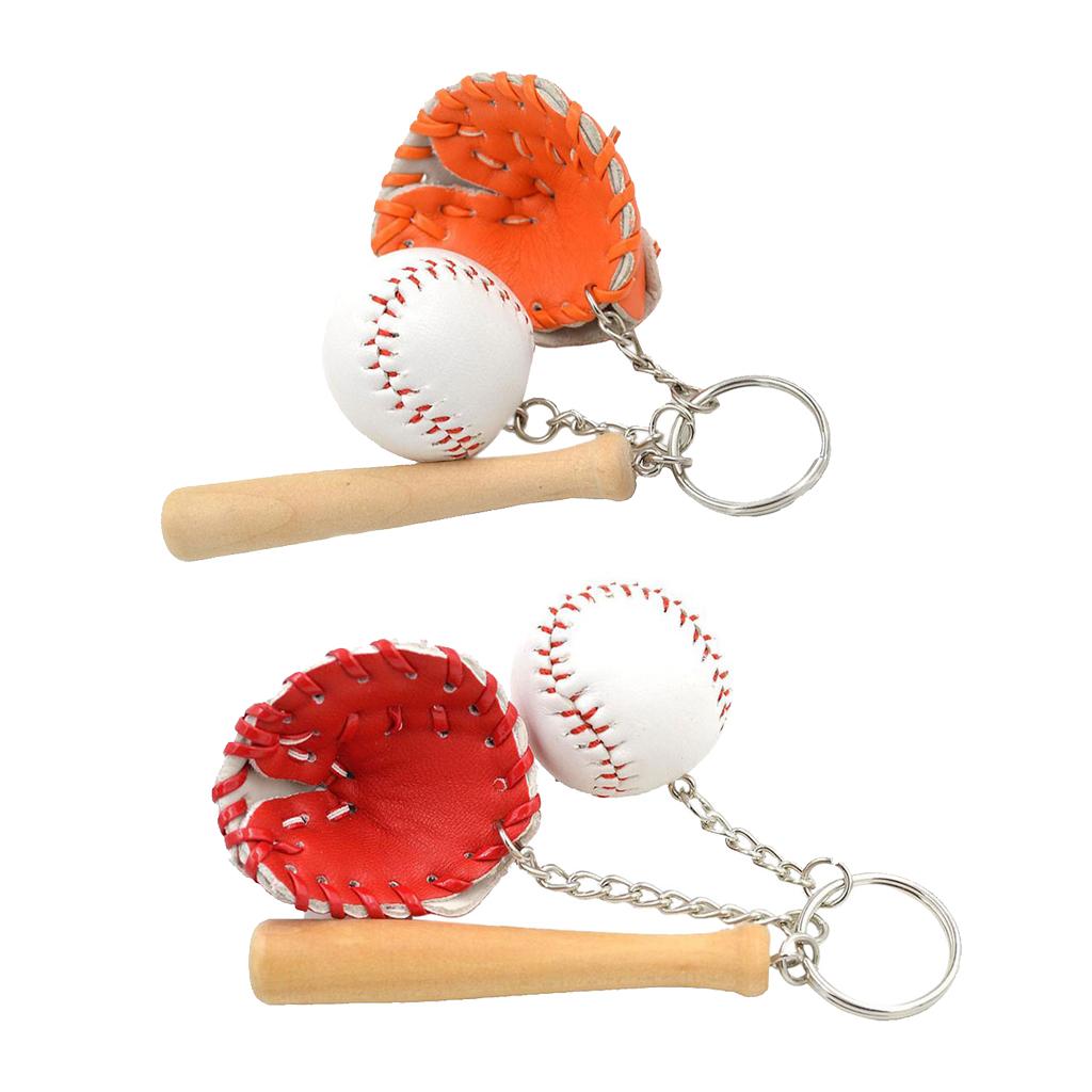2PCS Mini Baseball Ball+Bat+Glove Set Pendant Keyring Key Chain Gifts