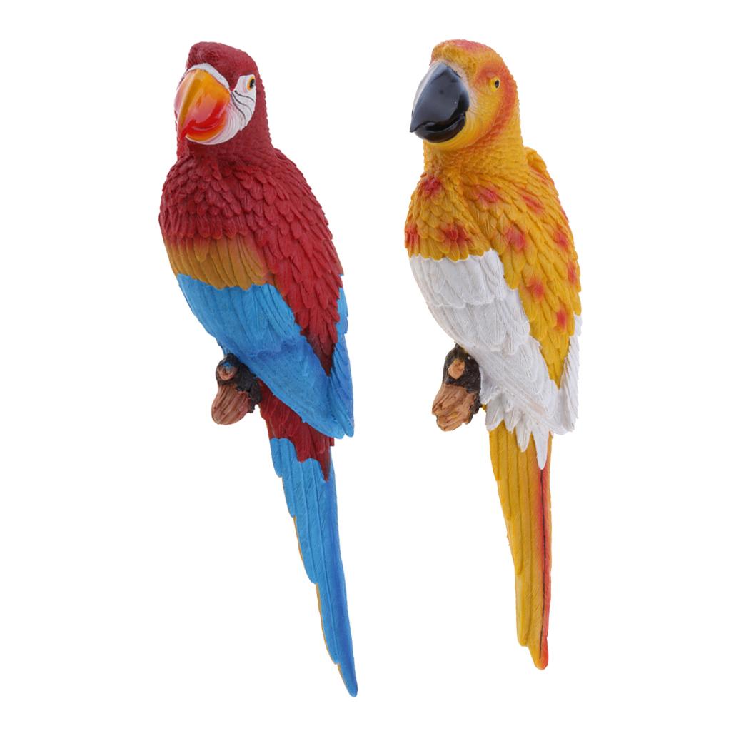 2x Realistic Parrot Resin Bird Animal Ornament Hanging Yellow & Red Blue