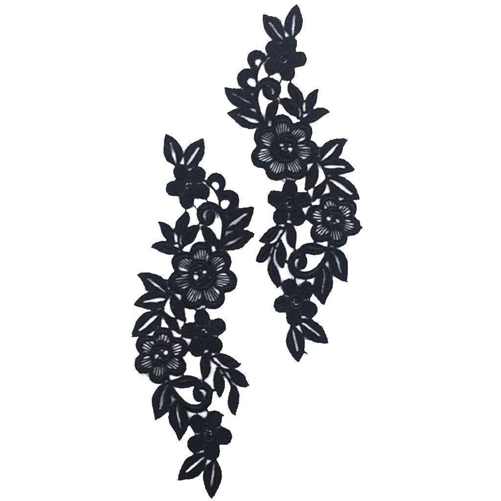 Pair Black Floral Lace Applique Embroidered Sewing Craft Trims Applique