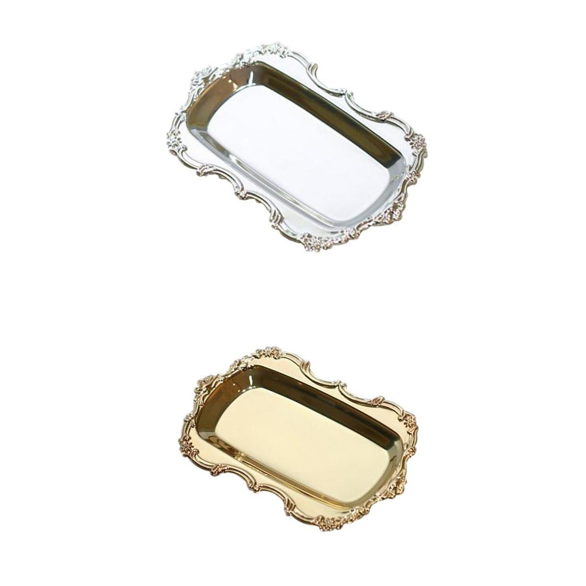 2pcs Metal Storage Trays Tea Fruit Dish Plate Cake Snack Tray Silver & Gold