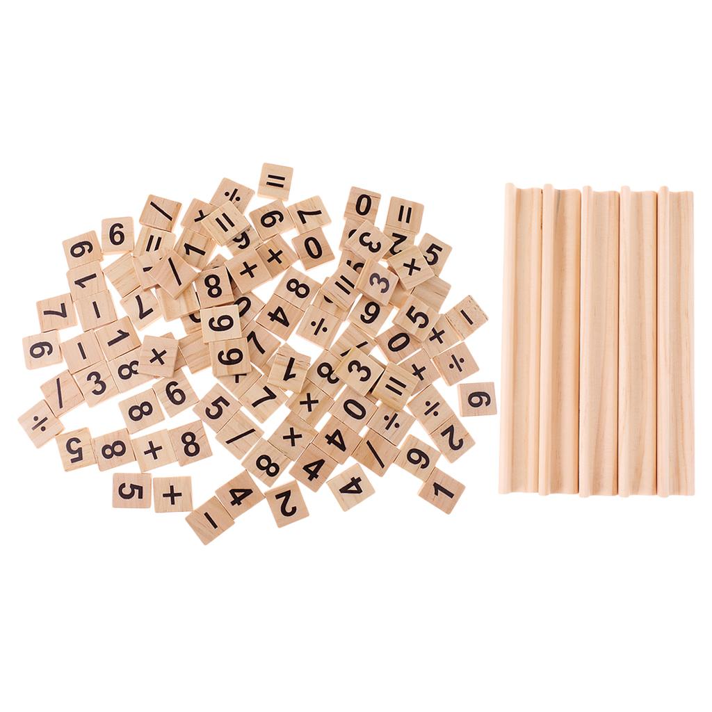 100 Pieces Wooden Number and Symbol Tiles with Wooden Tile Racks Wood Crafts