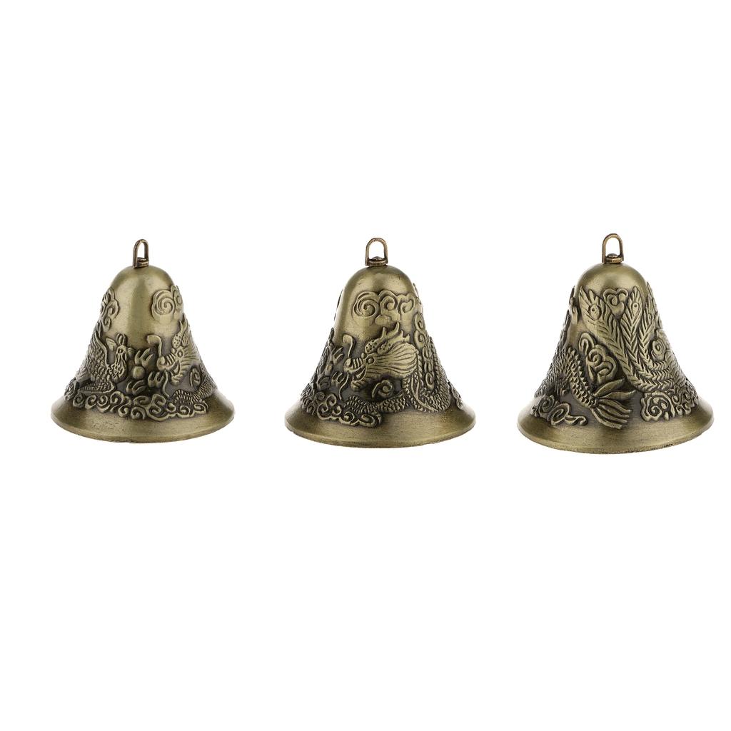 3pcs Feng Shui Chinese Metal Bell Charm Dragon and Phoenix Figure Decor