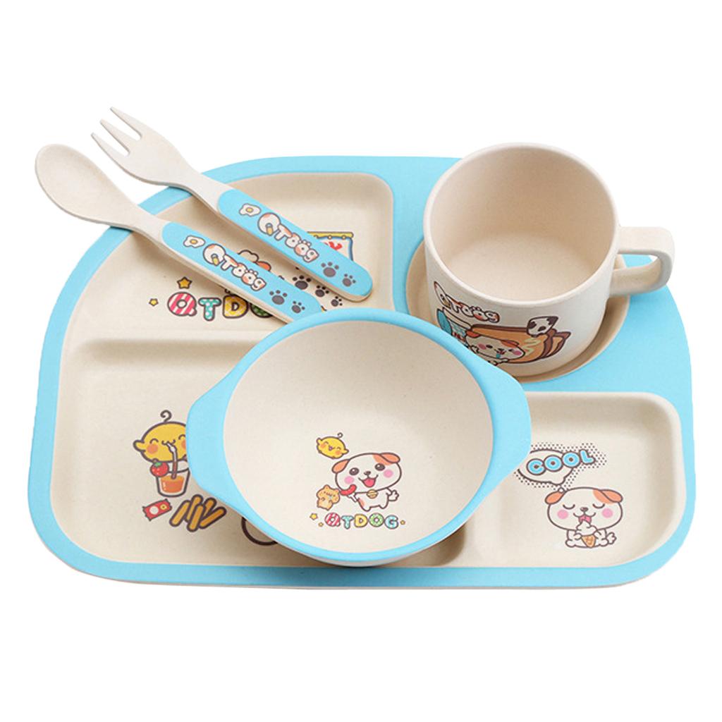 Bamboo 5-piece Dinnerware Set Baby Divided Plate, Bowl and Flatware Blue A