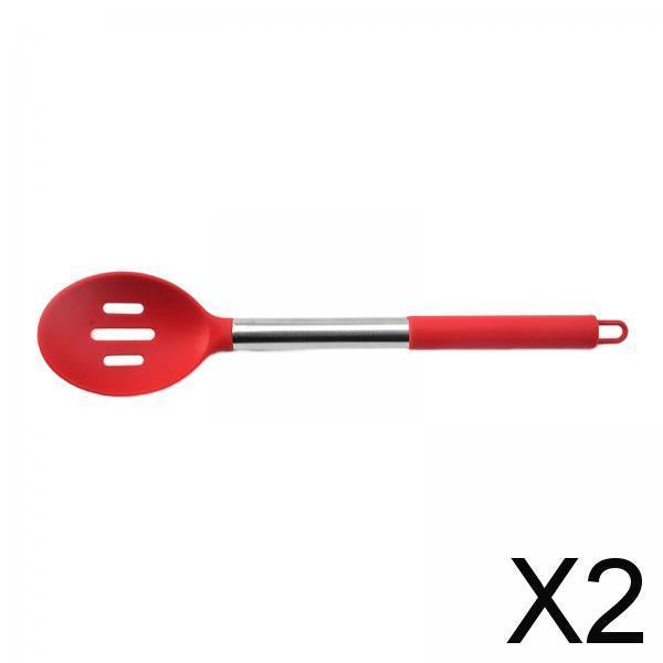 2xSilicone Kitchen Serving Spoon Tablespoons Set for Party Kitchen Buffet Red Slotted Spoon