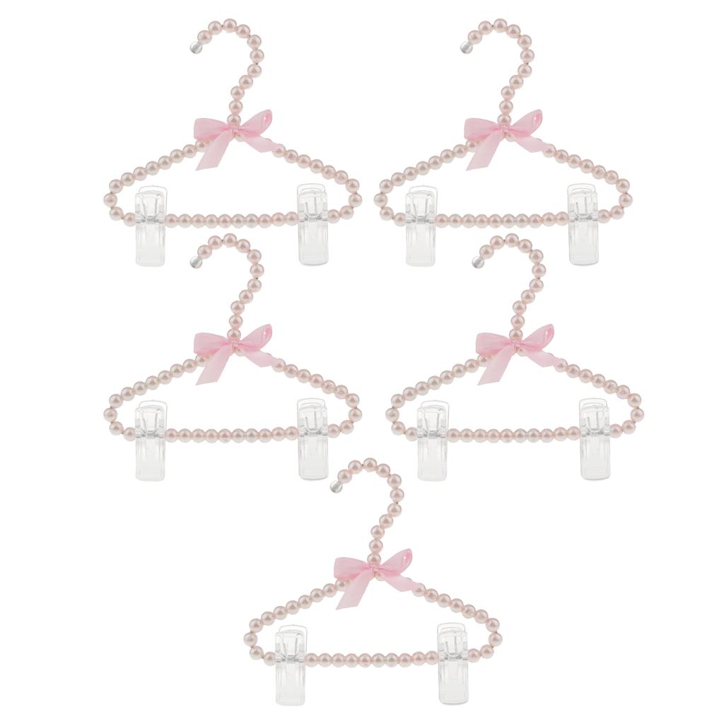 5Pcs 20cm Pearl Beaded Clothes Hanger Trousers Dress Holder with Clip Pink