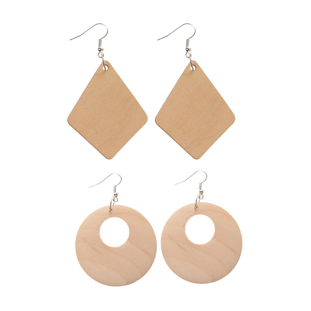 2 Pairs Ethnic Wood Geometric Rhombus Round Hollow Hook Earrings Art Craft