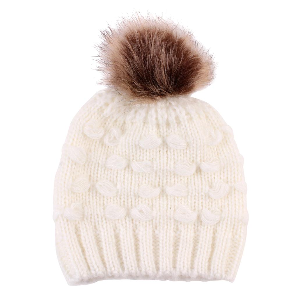 Winter Warm Hats Baby Knitting Beanie Toddler Mohair Pom Pom Cap White