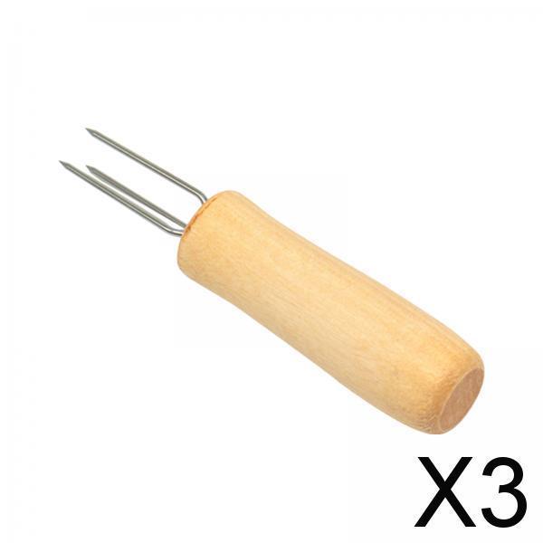 3xCorn Holder BBQ Cooking with Wood Handle Fruit Forks Corn on The COB Holder Oak Handle