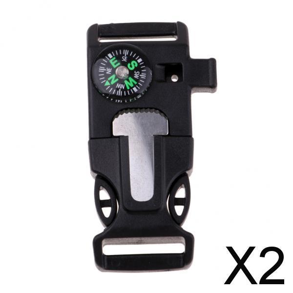 2xPlastic Side Release Buckle Emergency Whistle Compass Outdoors Light Black