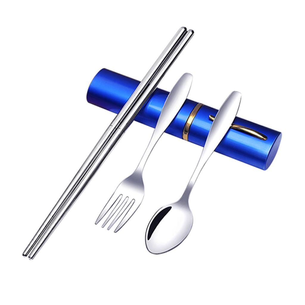 Tableware Stainless Steel Travel Portable Chopsticks, Forks Spoons Blue