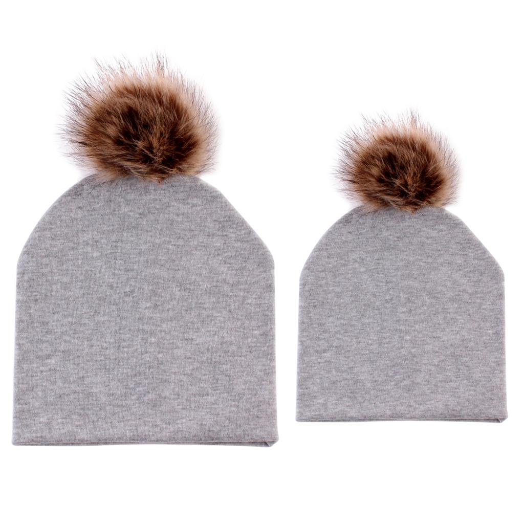 2PCS Parent-Child Hat, Mother & Baby Winter Warm Hat Family Beanie Ski Cap Gray