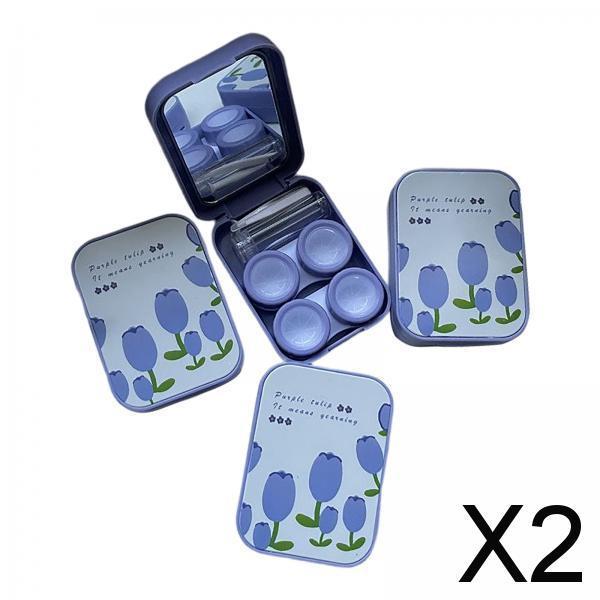 2xCompact Contact Lens Travel Case w/ Mirror Remover Tool   Blue Big Tulip