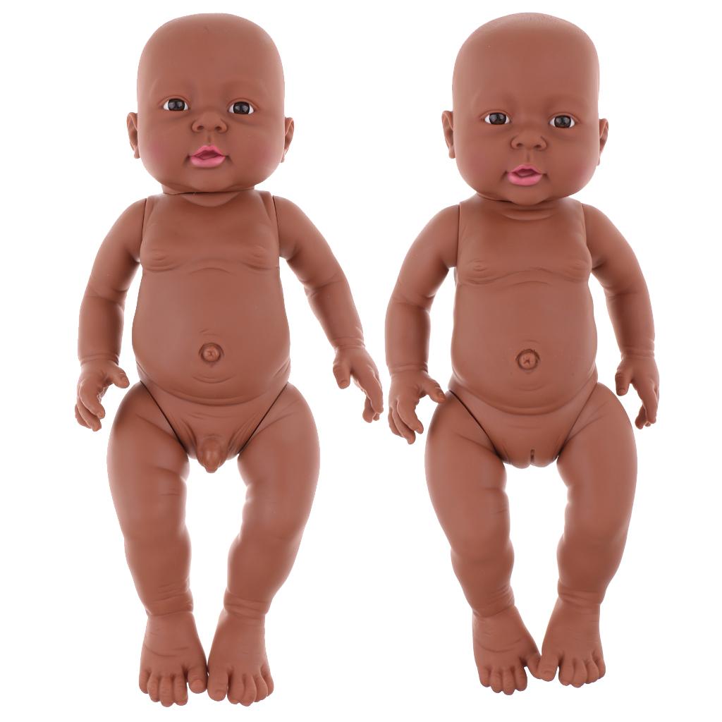2 Pieces 41CM Vinyl Nude Newborn Baby Doll Pretend Play- African Boy & Girl