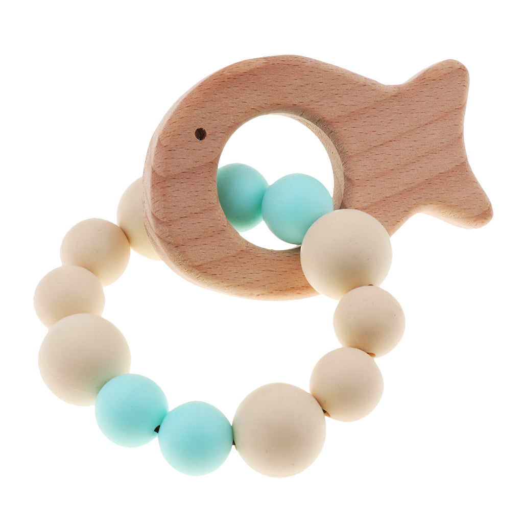 Wooden Crochet Beads Bracelet Teether Baby Kid Grasping Nursing Toy Fish