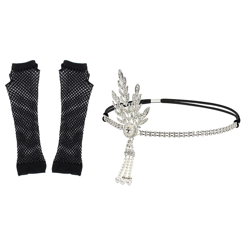 1920s Gatsby Rhinestone Headband & Fingerless Fishnet Gloves Set Wedding