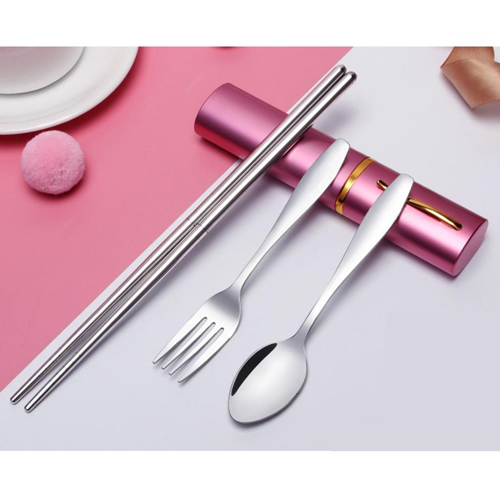 Tableware Stainless Steel Travel Portable Chopsticks, Forks Spoons Pink