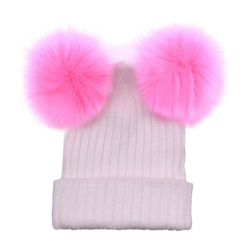 Baby Beanie Hat Cap Winter Warm Double Pom Bobble Knit Ski White+Pink for Mother