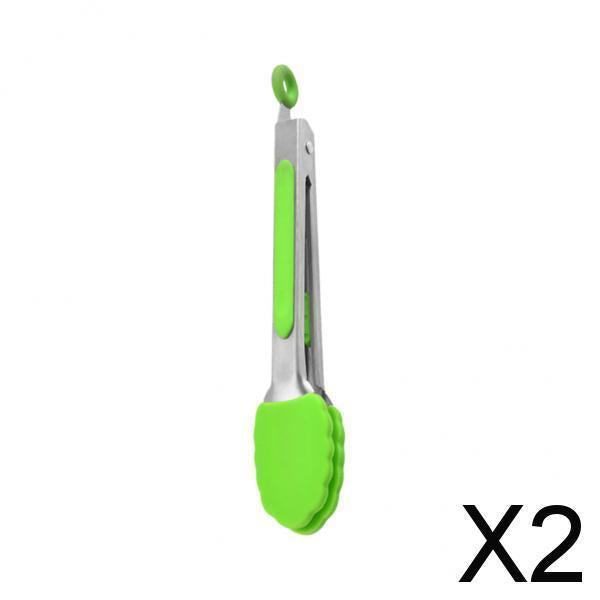 2xKitchen Tongs with Silicone Tips Food BBQ Cooking Utensil 7 inch Green