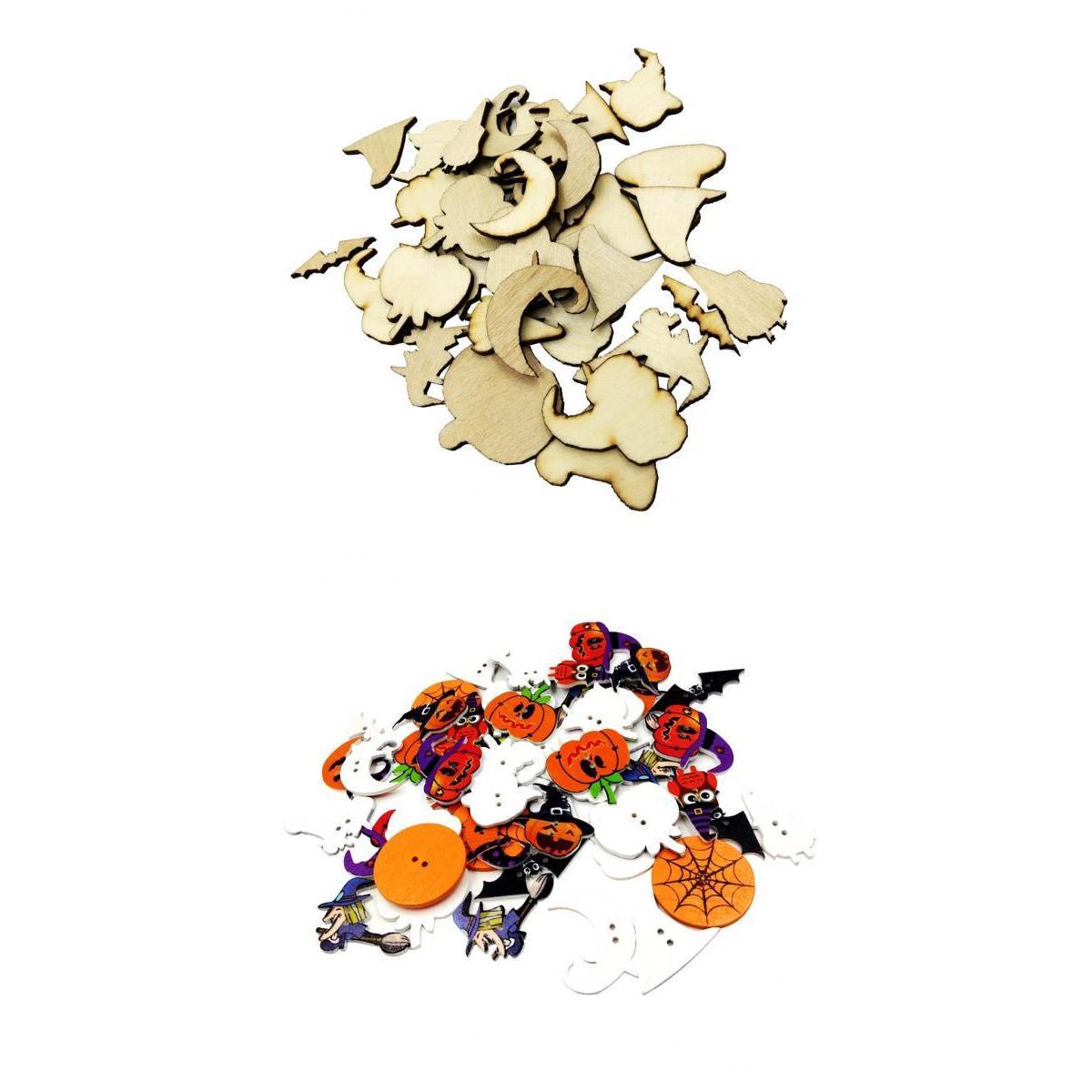 100 Pieces Assorted Wooden Halloween Shapes Decoration Craft Wood Buttons