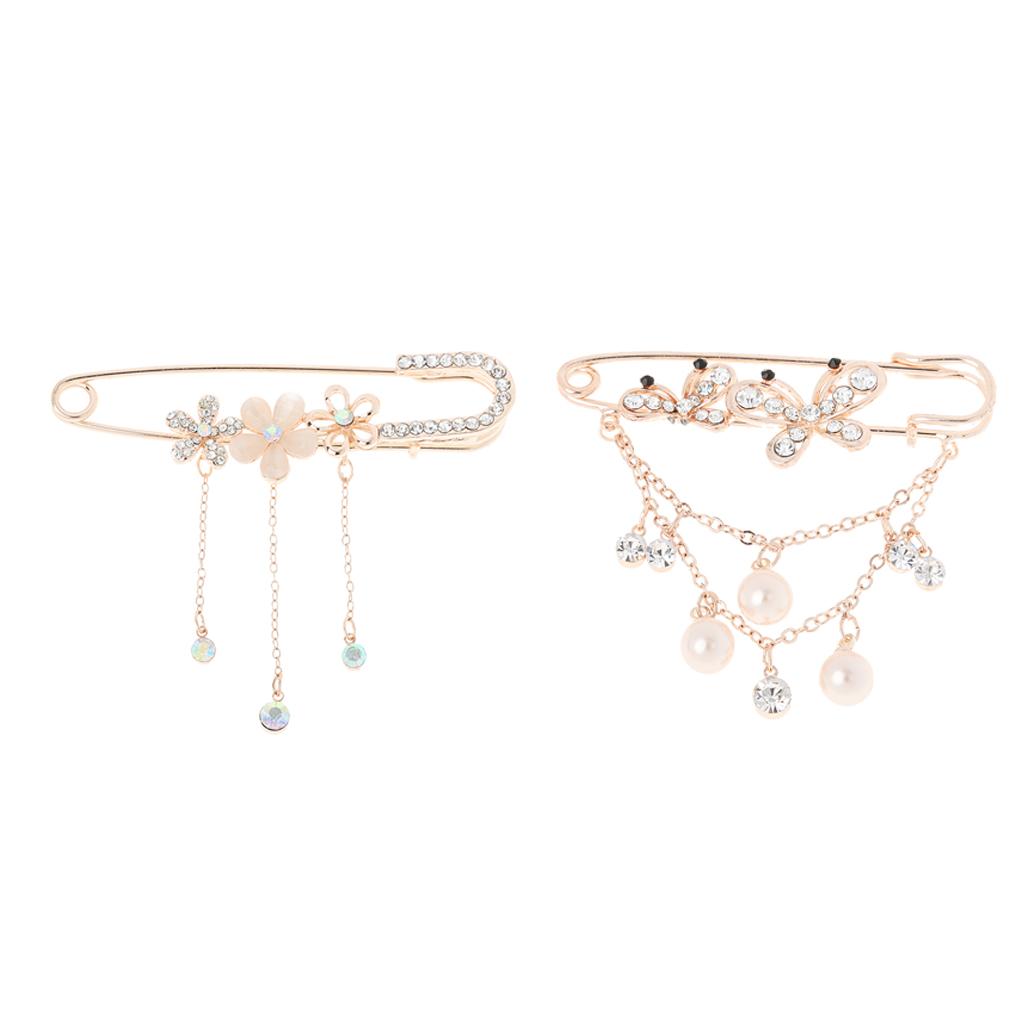 2pcs Safety Pin Glitter Rhinestone Butterfly Flower Brooch Pin With Tassel