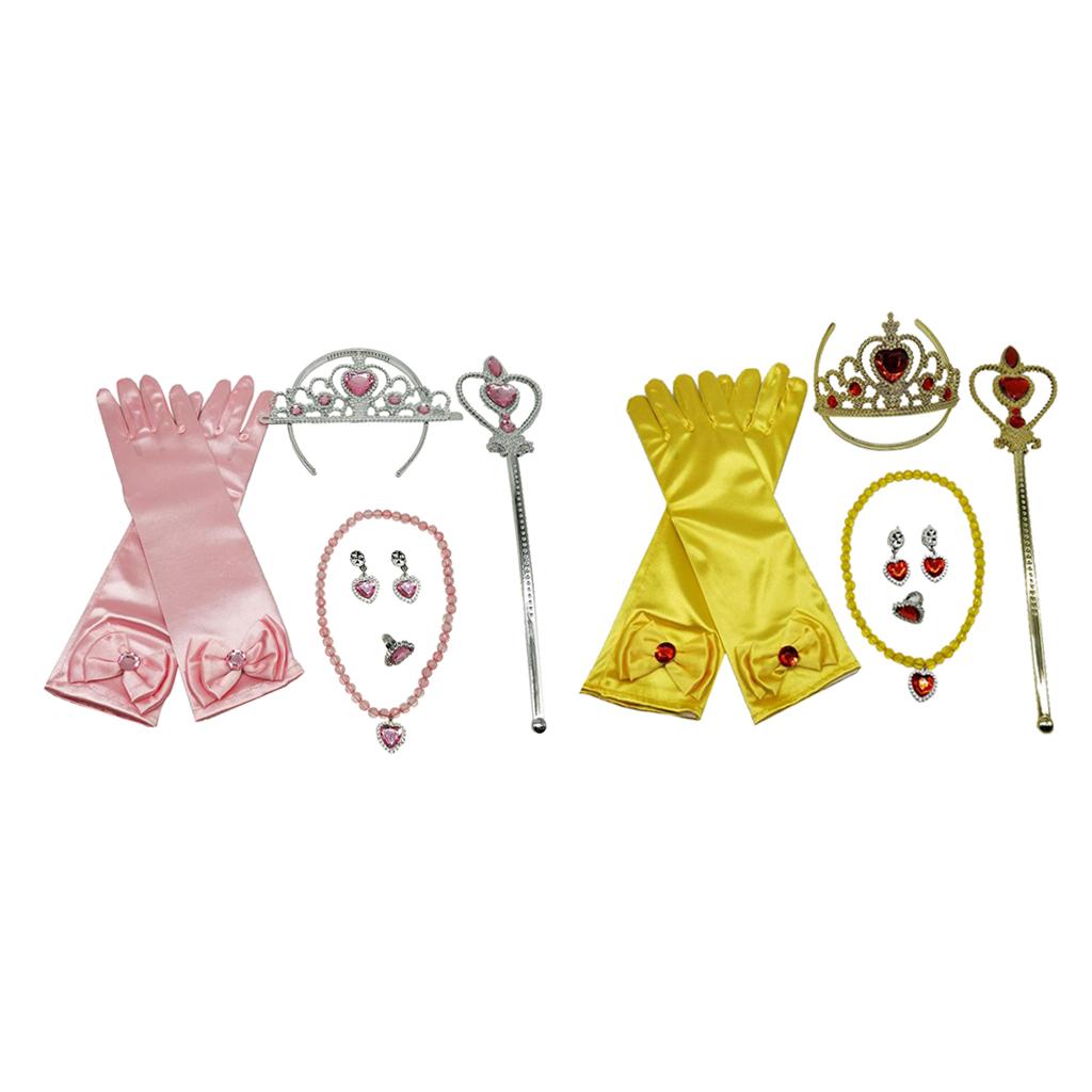 2 Sets Princess Belle Dress Costume Accessory Glove Wand Tiara Jewelry Set