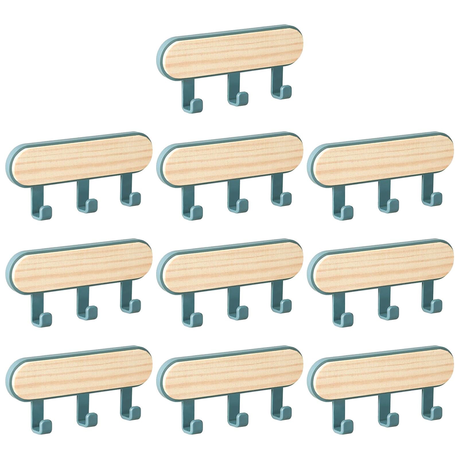 10x Wall Mounted Coat Racks Back Adhesive for Bathroom Bedroom 3 Hooks Blue