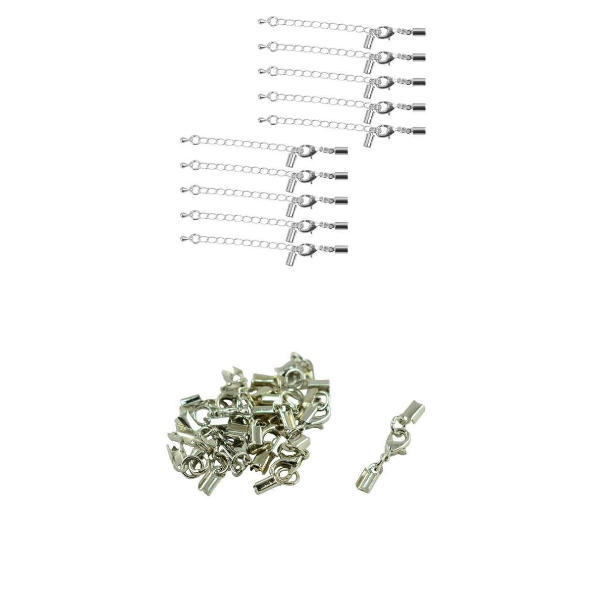 24Pcs Lobster Claw Clasp Crimp Clip Ends Set Silver with Extender Chain