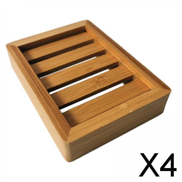 4xWooden Bamboo Soap Dish Tray Holder Bathroom Kitchen Sponge   Rack Box
