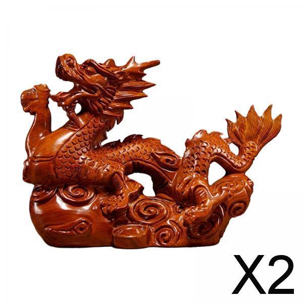 2xWooden Carved Chinese Dragon Statue Fengshui Ornament for Housewarming Gift Style A