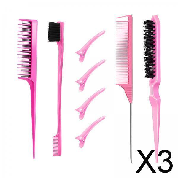 3x8x Professional Hair Styling Comb Set Teasing Comb Sturdy Bristles Hair Brush Pink