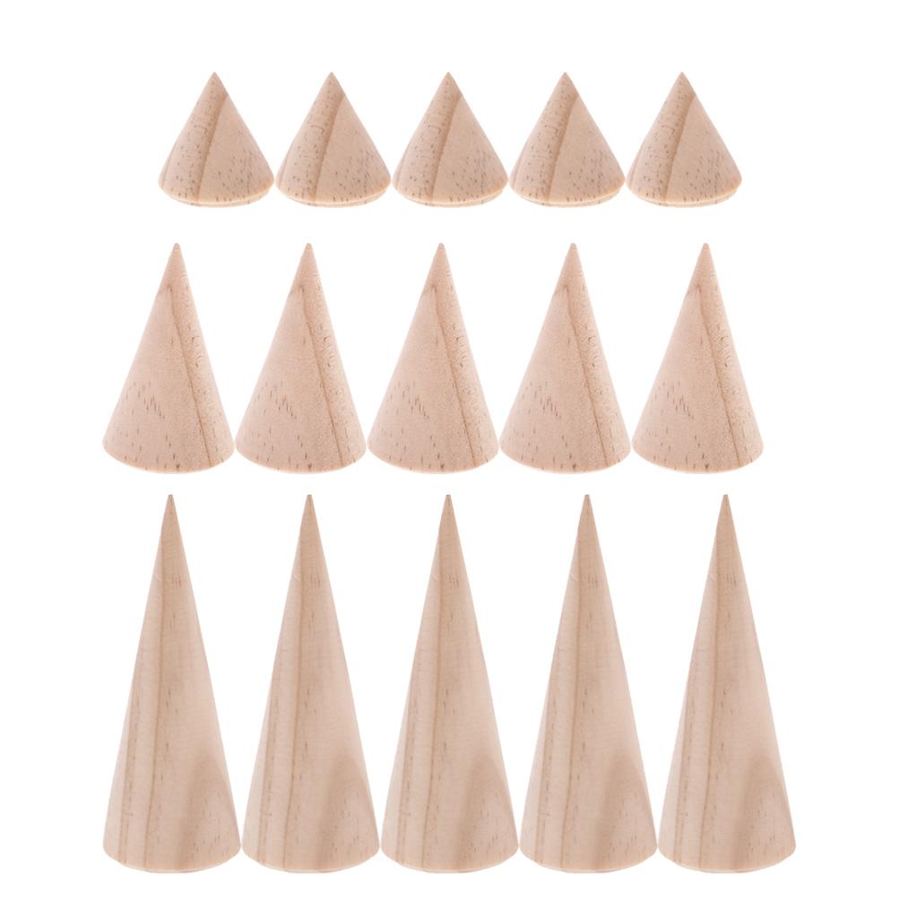 15 Pieces Unpainted Plain Cone Wooden Ring Jewelry Display Organizer 3 Size