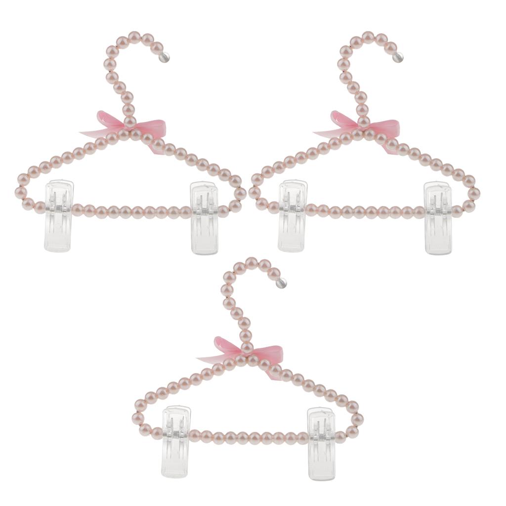 3Pcs 20cm Pearl Beaded Clothes Hanger Trousers Dress Holder with Clip Pink
