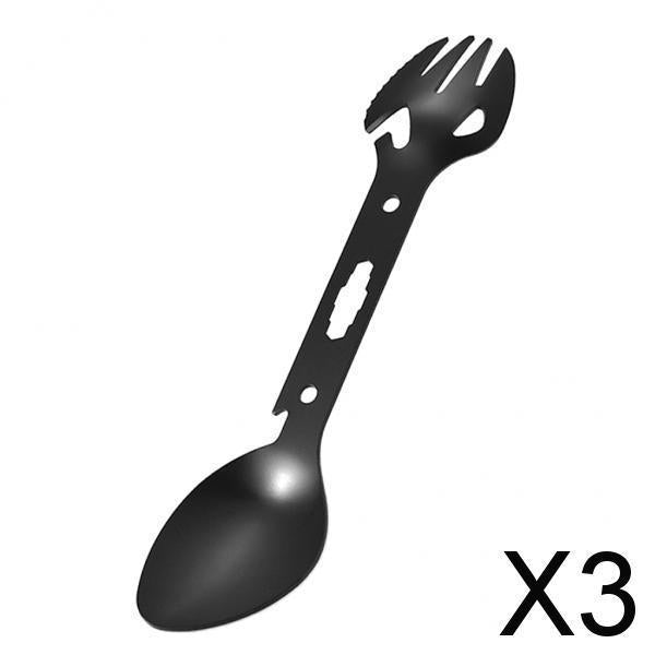 3x8-in-1 Multipurpose Camping Spoon Fork Spork Beer Bottle Can Opener Black