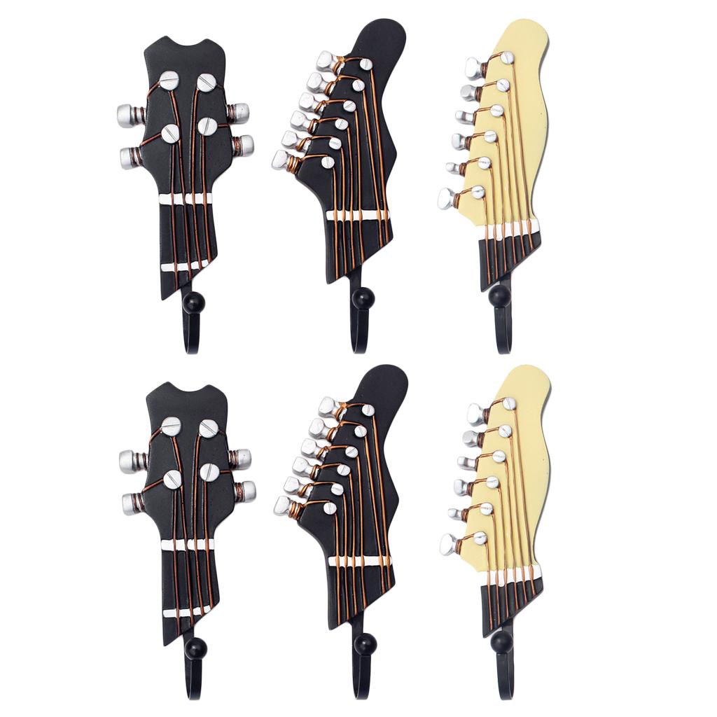 6PCS Guitar Heads Music Home Resin Clothes Hat Hanger Hook Wall Mounted