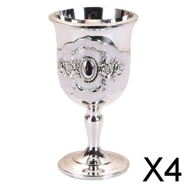 4xMetal Wine Goblet, Carving Pattern Handmade Cup Bar Dinners Parties Decor Silver white Silver white
