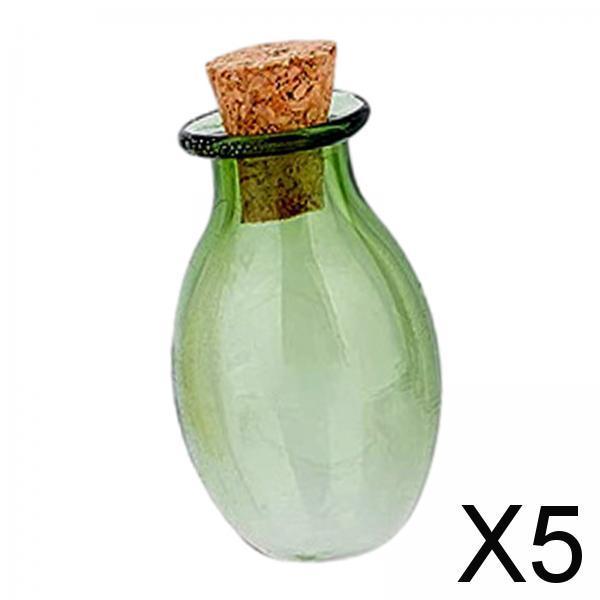 5xSmall Glass Bottles with Cork Stoppers Clear Wishing Bottle Jars Green