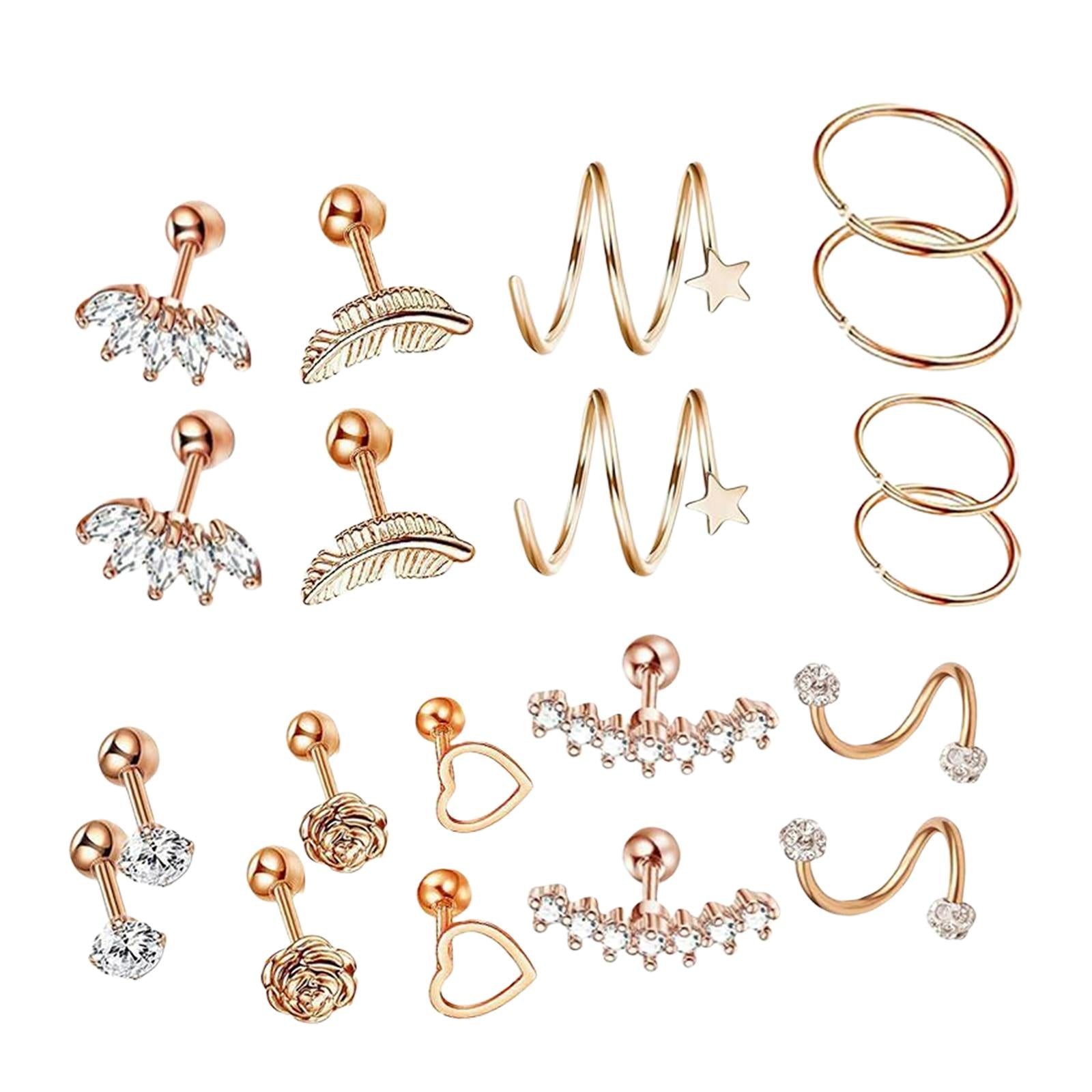 20x Stainless Steel Earrings Set Heart Flower Feather Piercing Earrings Rose Gold