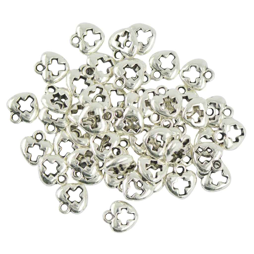 50 Heart Cross Charms Pendants for Necklace Jewelry Making Tibetan Silver