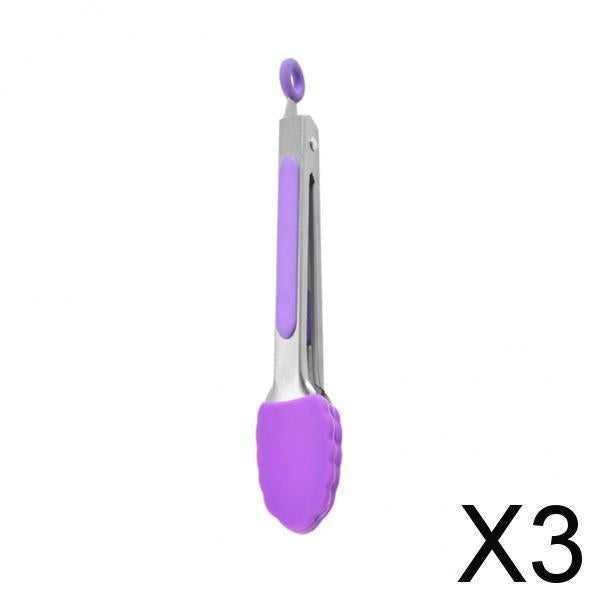 3xKitchen Tongs with Silicone Tips Food BBQ Cooking Utensil 7 inch Purple