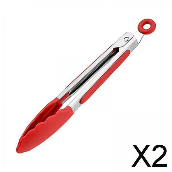 2xFood Tongs Nonstick Multifunctional Heavy Duty Stainless Steel Cooking Tongs 7inch Red