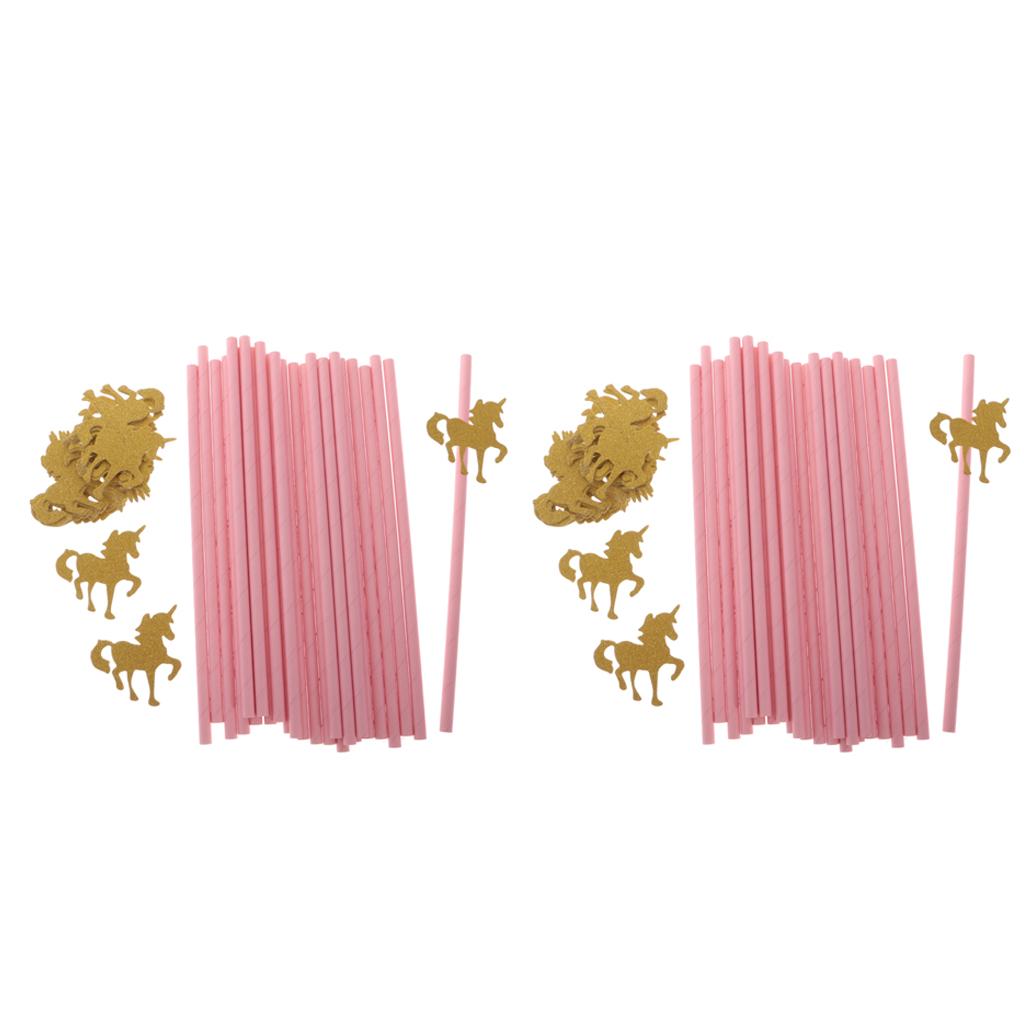 50x Pink Paper Straws with Glitter Gold Unicorn for Kid Birthday Party Decor