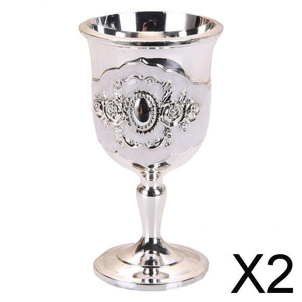 2xMetal Wine Goblet, Carving Pattern Handmade Cup Bar Dinners Parties Decor Silver white Silver white