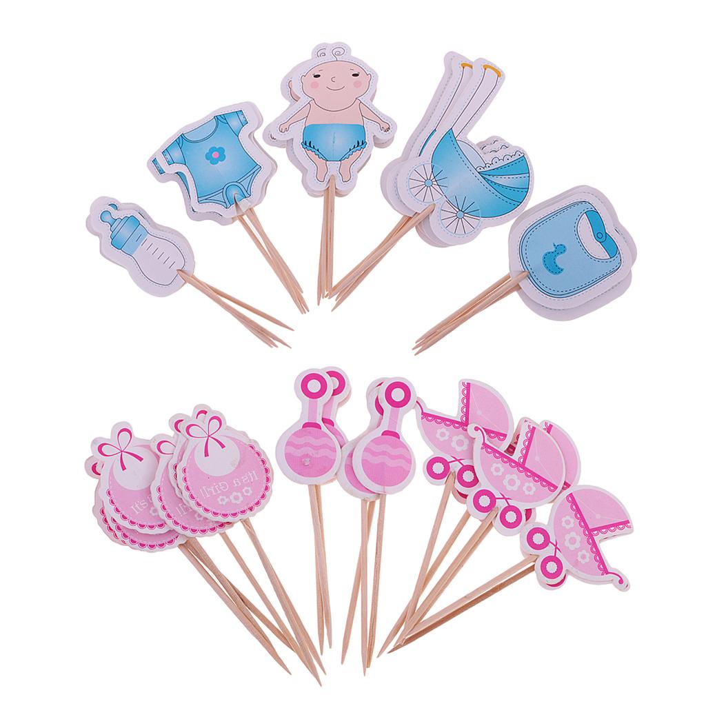 36 Pieces Baby Shower Baby Carriage Bib Rattle Cupcake Topper Pink+Blue