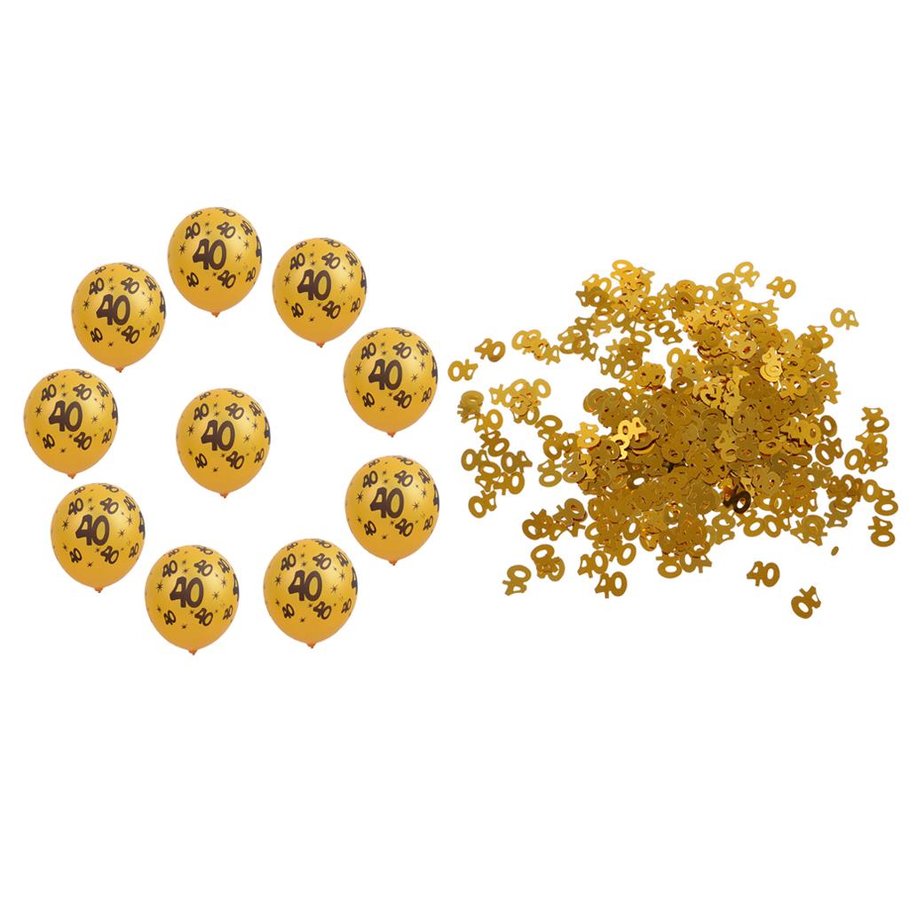 10 Gold Latex Balloons&Glitter Number 40 Confetti 40th Birthday Party Decor