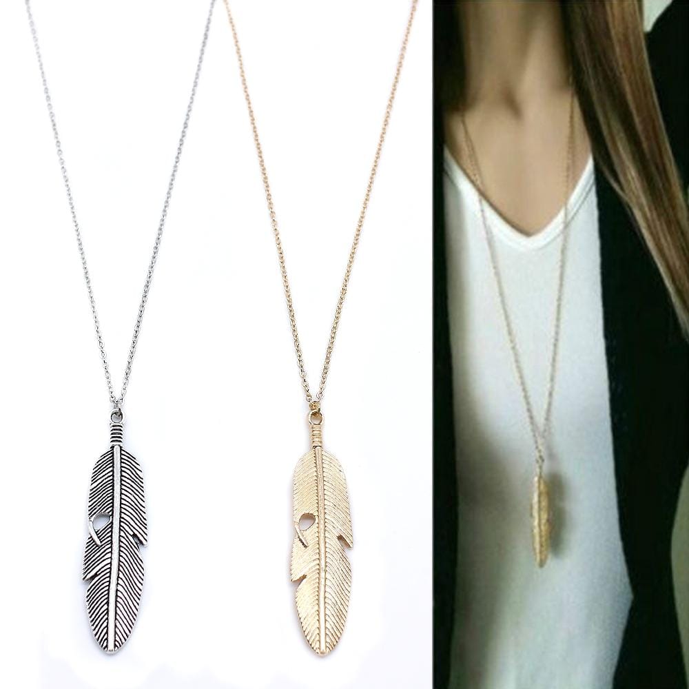 Simple Classic pendant Necklace Feather Necklace Long Sweater Chain Jewelry choker Necklace for Women (Gold)