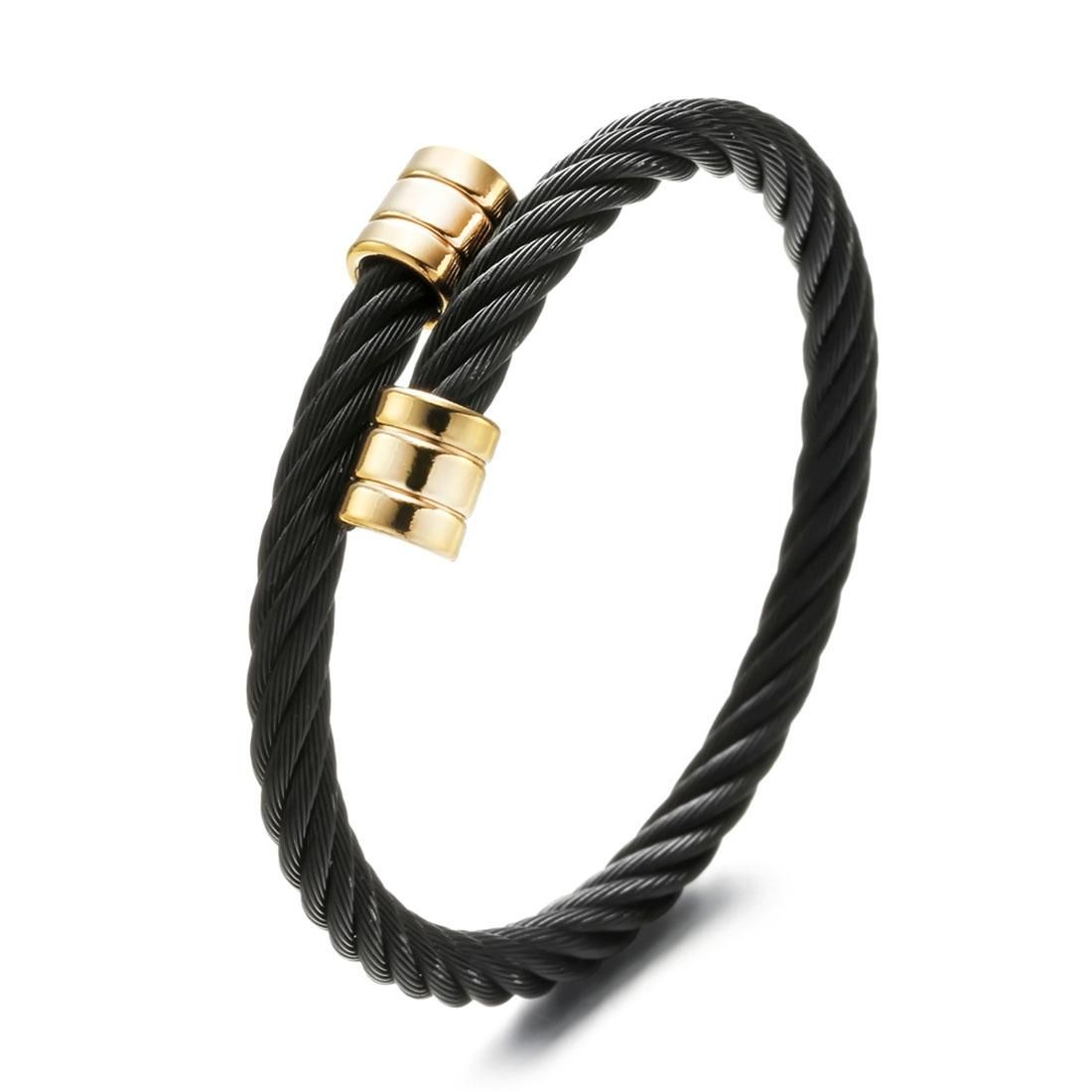 Fashion Jewelry Men Black Steel Wire Gold Heads Bracelet Classic Titanium Steel Bracelet