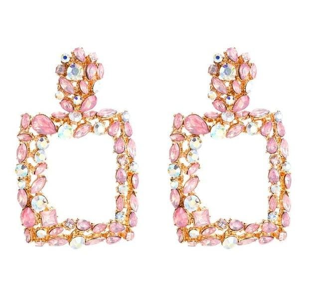 2 Pairs Retro Geometric Square Drill Inserts Earrings (Pink)